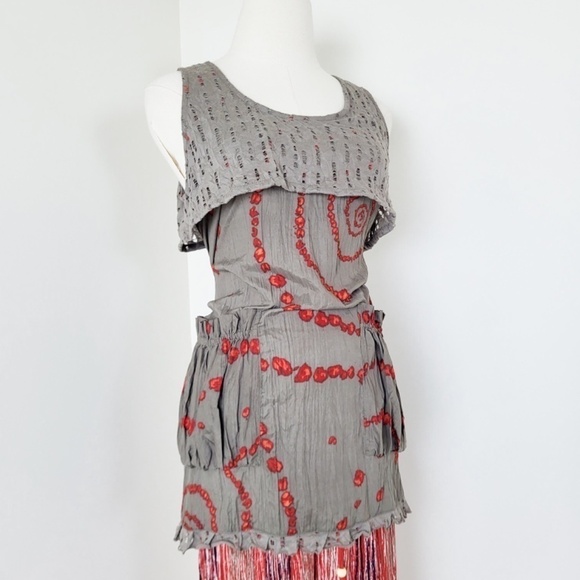 Tara Vao Babydoll Tank Top Pockets Long Sleeveless Abstract Pleated Eyelet - Picture 8 of 12